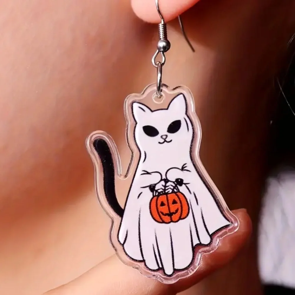NWT Ghost Cat Halloween Holiday 2D Acrylic Pierced Dangle Earring…